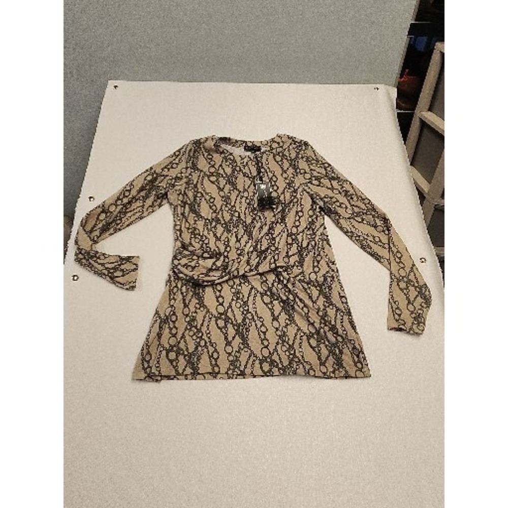 DG2 Diane Gilman Drape Front Long-Slv Printed Top Taupe Status L NEW‎ 786-188